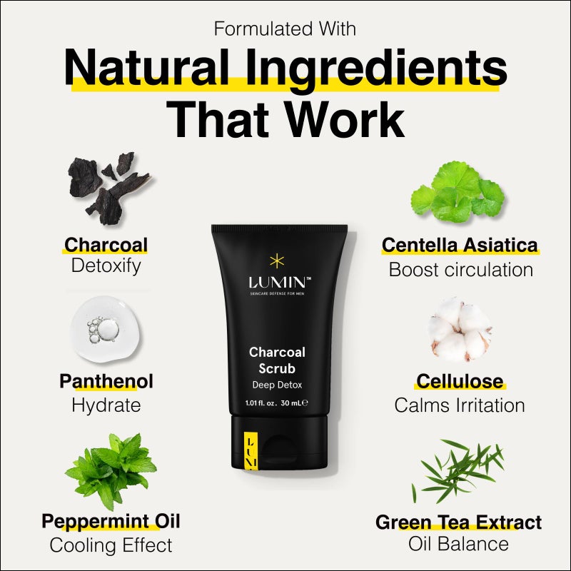 Lumin - Charcoal Scrub Deep Detox for Men - Face Cleanser for Men, Pre Shave Scrub, A Charcoal Face Exfoliator That Refreshes & Rejuvenates The Skin, Suitable for all skin types, 30ml, 2-Pack - Image 2